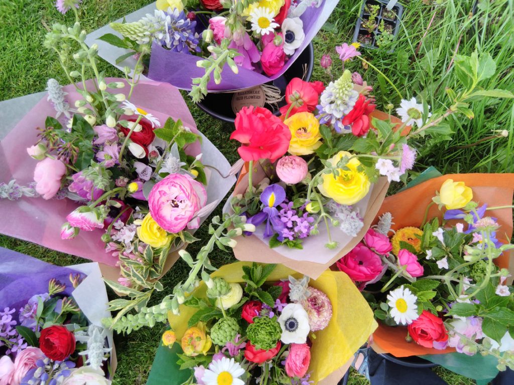 Colourful homegrown Friday Flower bunches going for local delivery to Ellesmere Shropshire