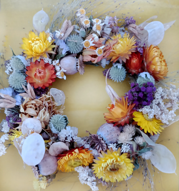 Dried flower wreath with yellow flowers